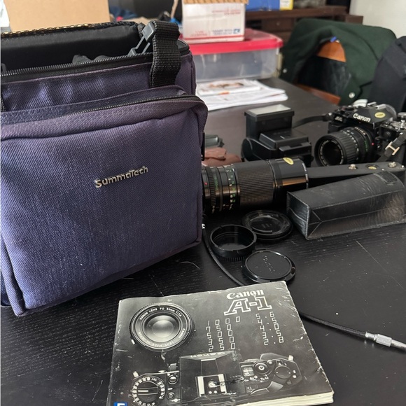 Canon A-1 + Canon 28-55 f/3.5-4.5. Film Camera Kit + Canon 70-150mm. Flash, Case - Picture 8 of 12